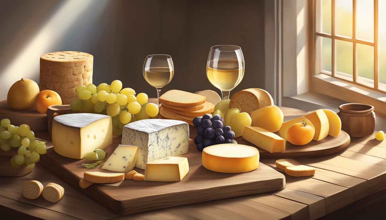 A rustic wooden table with a variety of artisan cheeses, crackers, and fresh fruits. A soft, natural light filters through a nearby window, casting gentle shadows