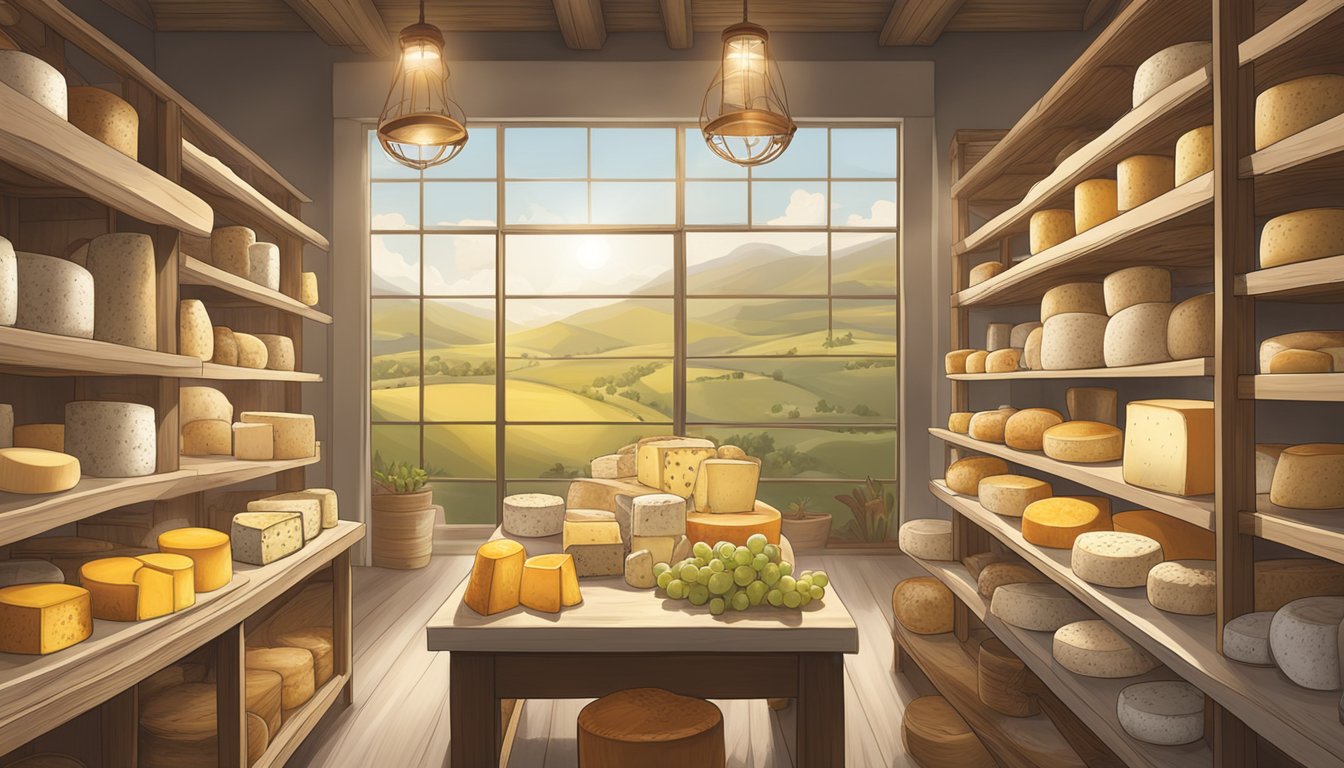 A spotlight shining on a display of Georgia's local artisan cheeses, showcasing the innovative creations of cheese makers in the region