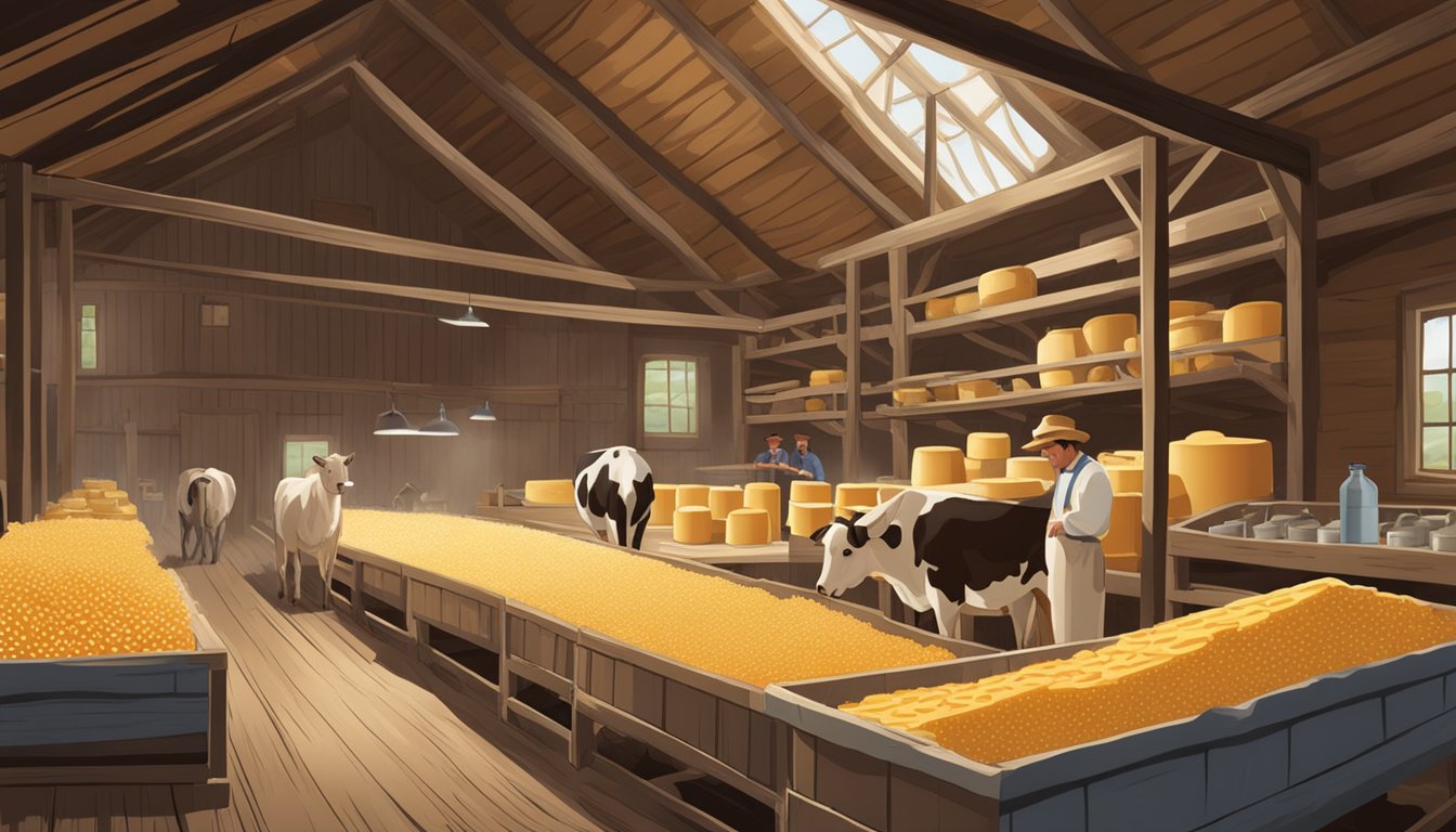 A rustic barn with shelves of aging cheese wheels, a farmer milking cows, and a large vat of curdling milk