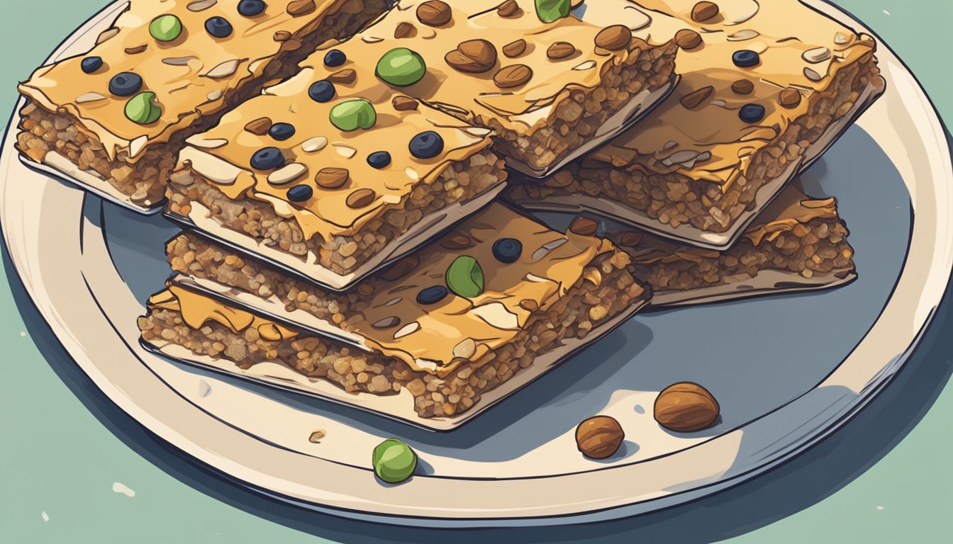 A pile of over easy breakfast bars stacked on a plate, with a concerned person looking at them