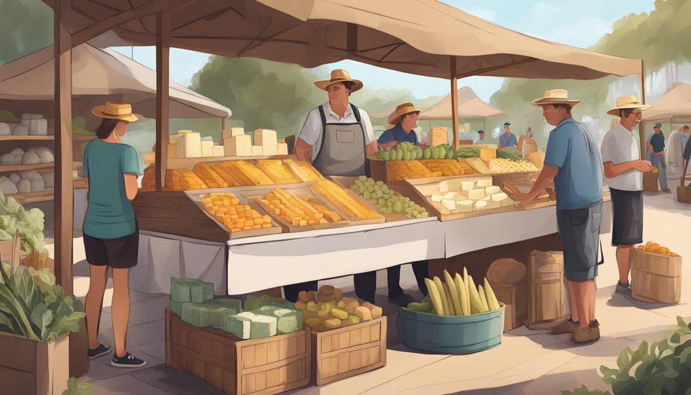 A rustic farmer's market stall displays a variety of Florida artisan cheeses, with local producers engaging with customers