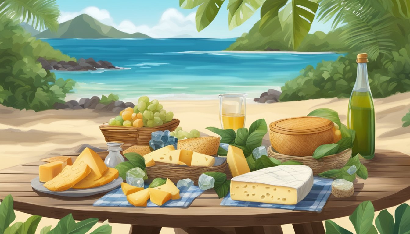 A tropical beach picnic with a spread of local artisan cheeses, surrounded by lush greenery and the crystal-clear waters of Hawaii