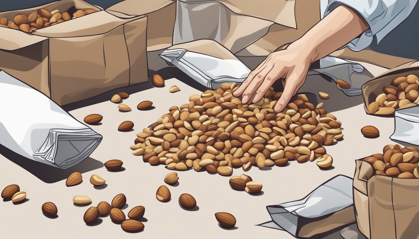 A table with several open bags of mixed nuts, some spilled on the surface, and a person reaching for another bag