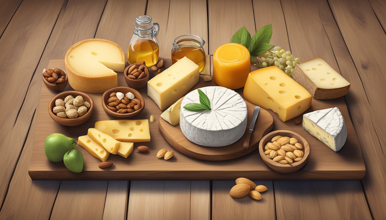 A rustic wooden table adorned with an assortment of Florida local artisan cheeses, accompanied by a variety of complementary pairings such as fruits, nuts, and honey