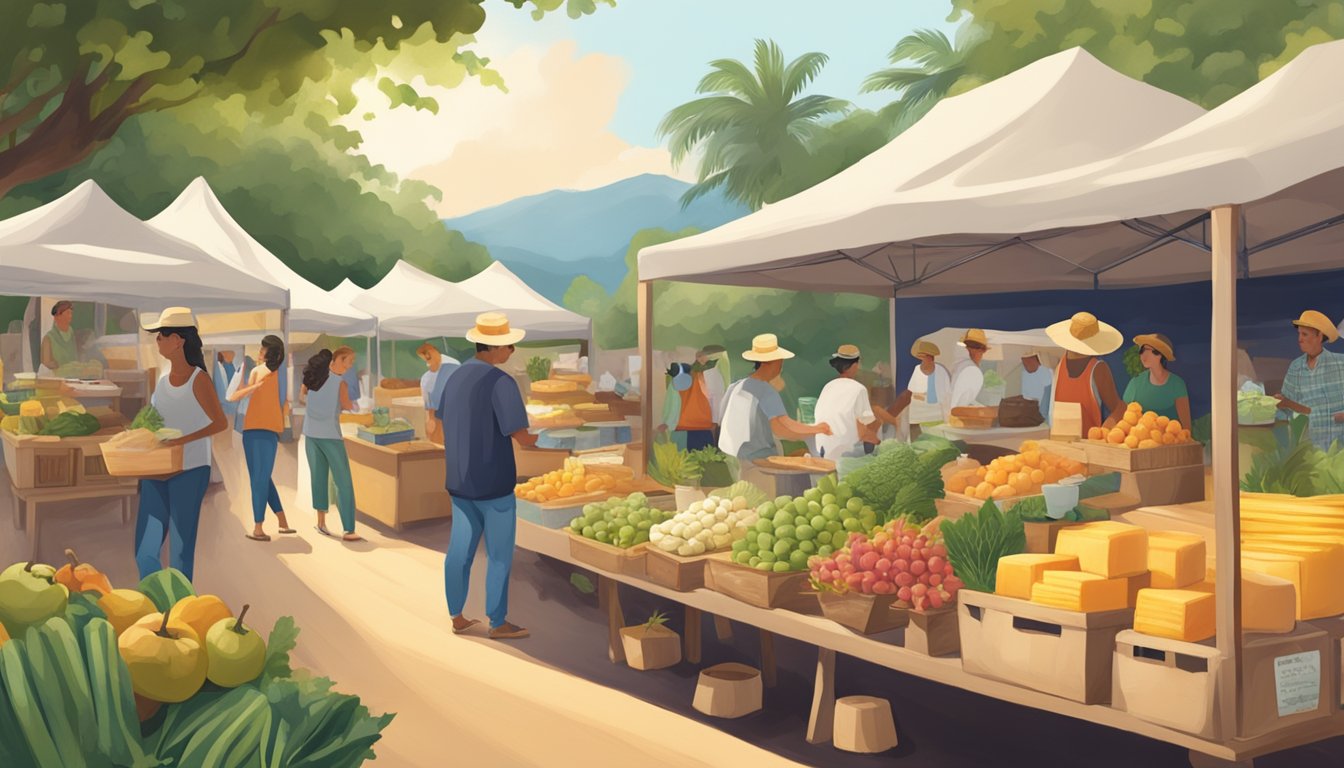 A vibrant farmers market in Hawaii, showcasing local artisan cheese and sustainable practices