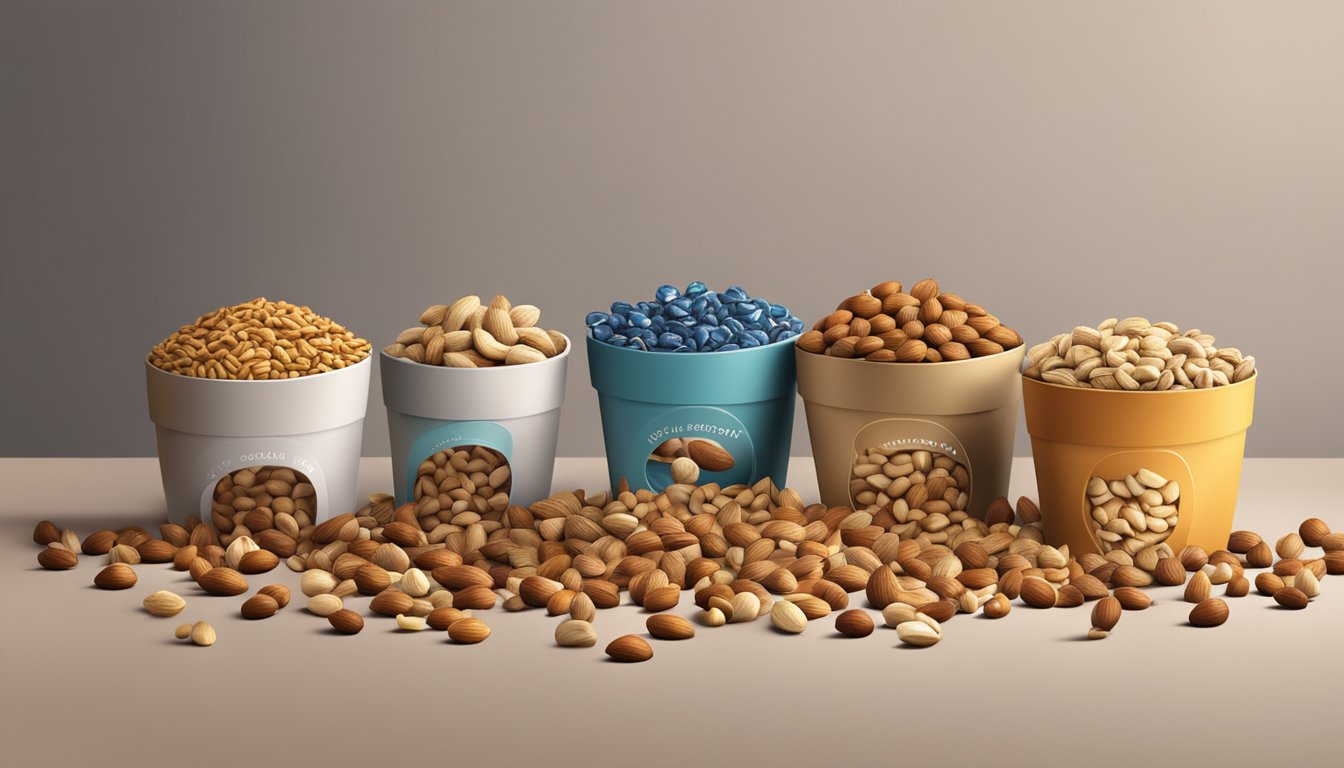 A table covered in empty Planters mixed nuts bags, overflowing with nuts spilling out. An open bag with nuts scattered around