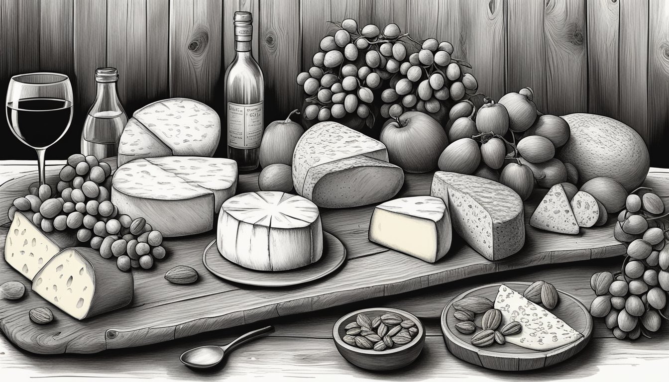 A rustic wooden table displays a variety of Massachusetts artisan cheeses, accompanied by fresh fruits, nuts, and a bottle of local wine