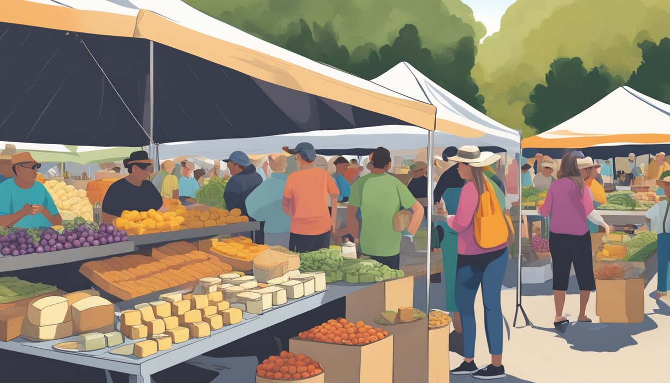 A bustling farmers market with a diverse crowd sampling and purchasing locally made artisan cheeses from Florida. The vendors proudly display their products under colorful tents