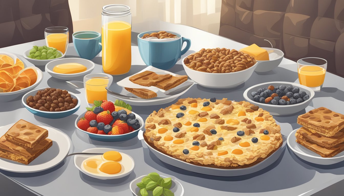 A table with a variety of breakfast bars scattered across the surface, with a plate piled high with over easy breakfast bars in the center