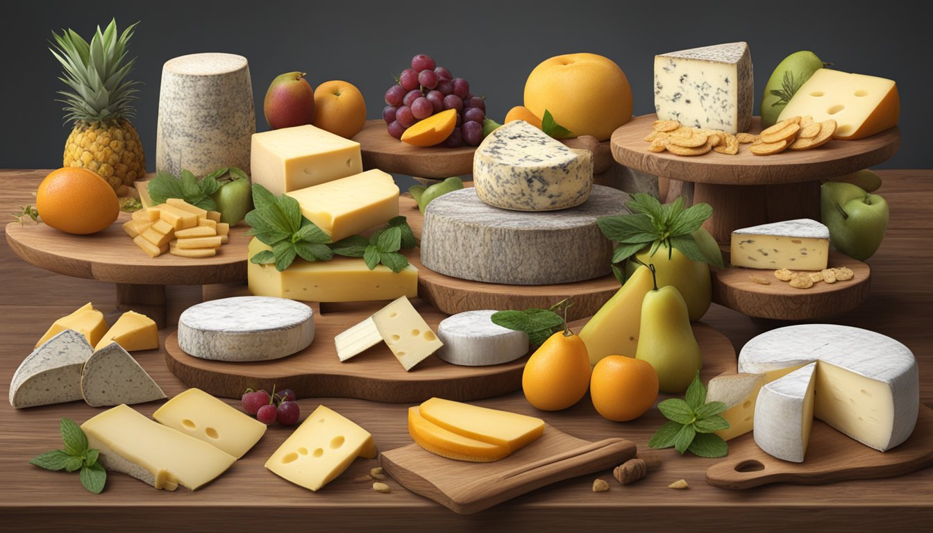 A rustic wooden table displays a variety of Florida local artisan cheeses, each labeled with its unique name and accompanied by fresh fruits and herbs