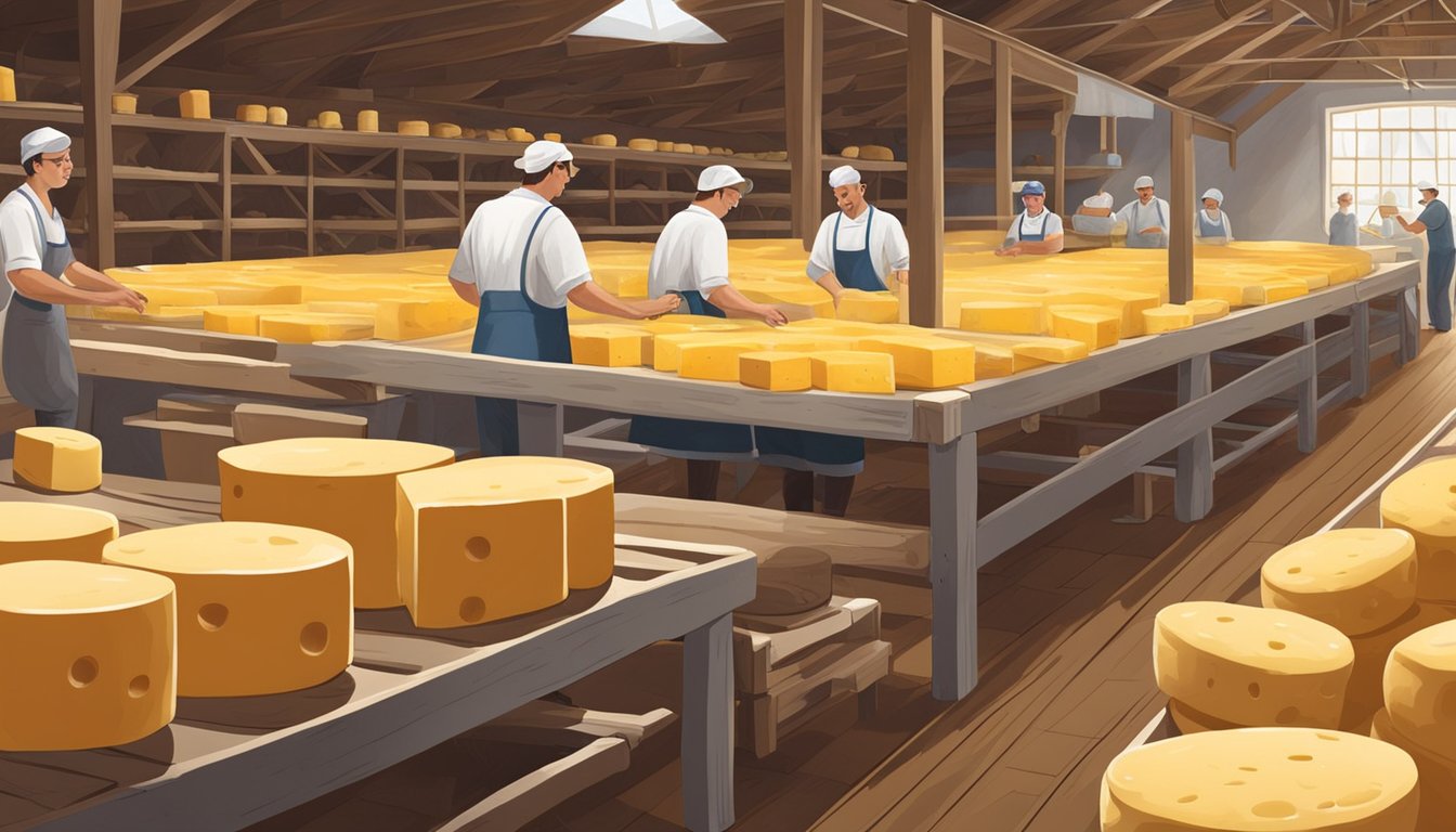 A picturesque cheese-making scene in a Massachusetts dairy barn, with artisan cheese wheels aging on wooden shelves, and workers tending to the process