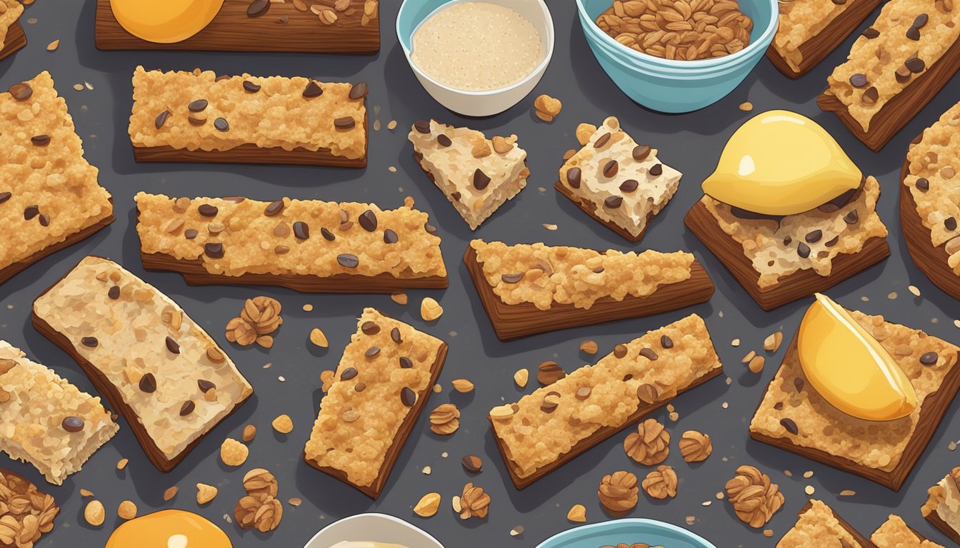 A stack of over easy breakfast bars on a wooden cutting board with a few crumbs scattered around