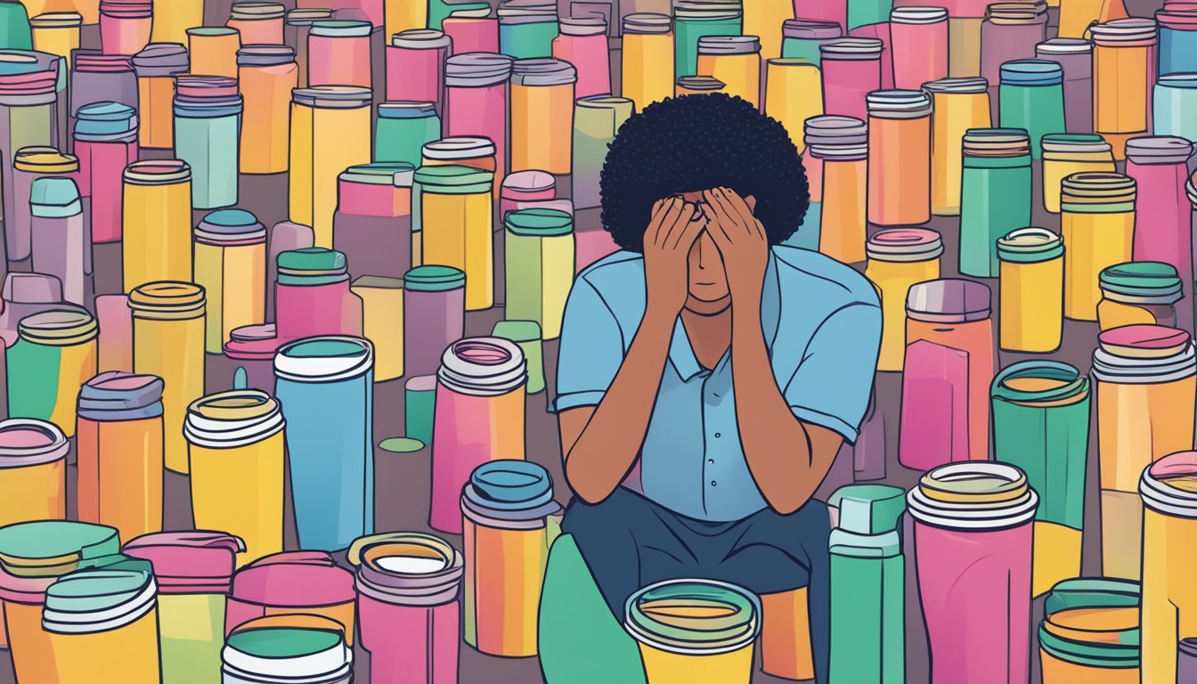 A person surrounded by empty kachava shake containers, looking overwhelmed