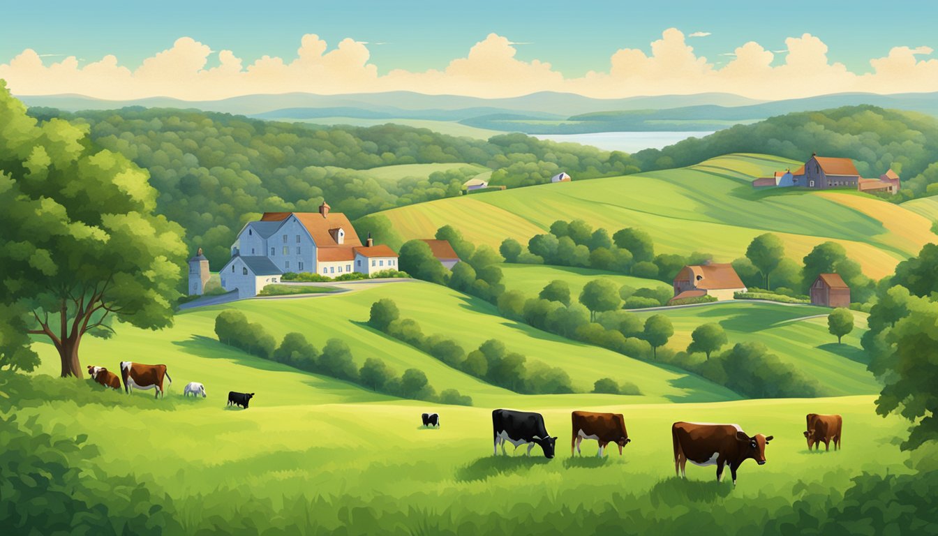 Rolling hills dotted with grazing cows, quaint farmhouses, and sprawling vineyards, all set against a backdrop of lush greenery and a serene Connecticut sky