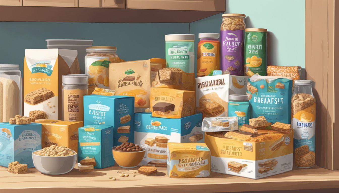 A cluttered pantry shelf with multiple boxes of over easy breakfast bars stacked haphazardly, some spilling out onto the counter