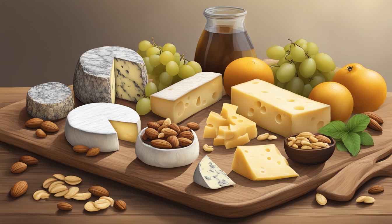 A rustic wooden board displays an array of Florida artisan cheeses, accompanied by local fruits and nuts