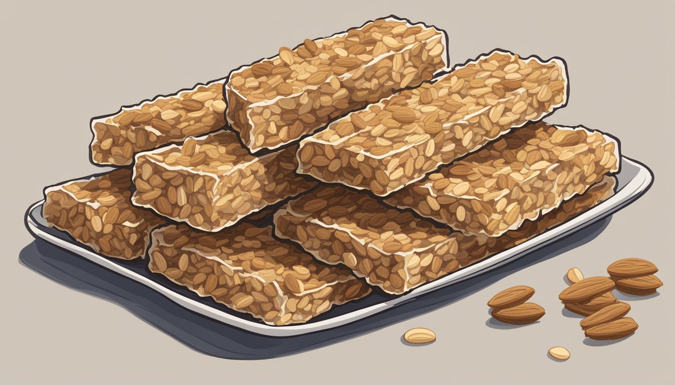 A pile of Annie's organic granola bars stacked high on a plate, with a few bars scattered around, indicating excess consumption