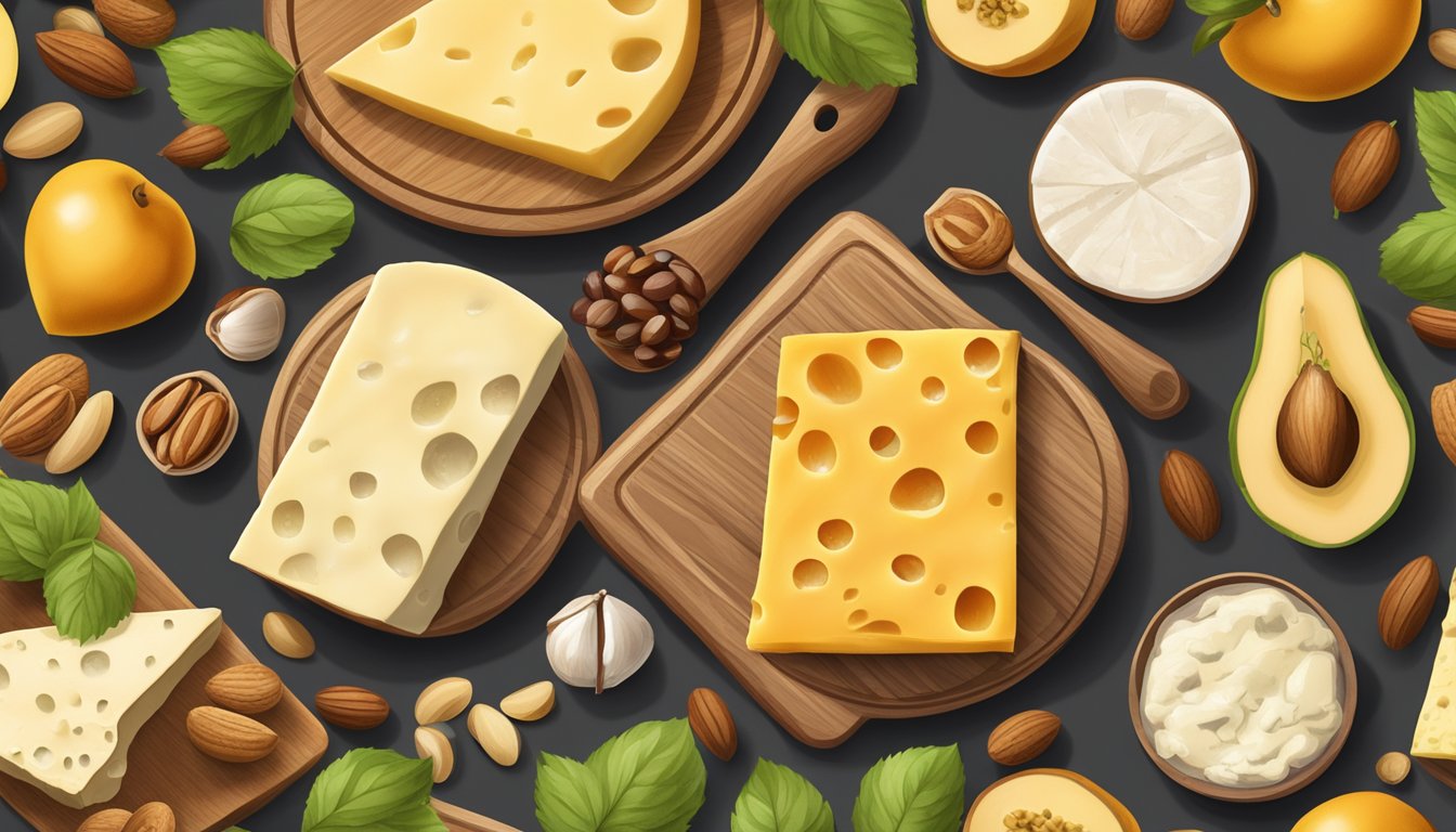 A rustic wooden board with a variety of Massachusetts artisan cheeses, accompanied by fresh fruits, nuts, and honey