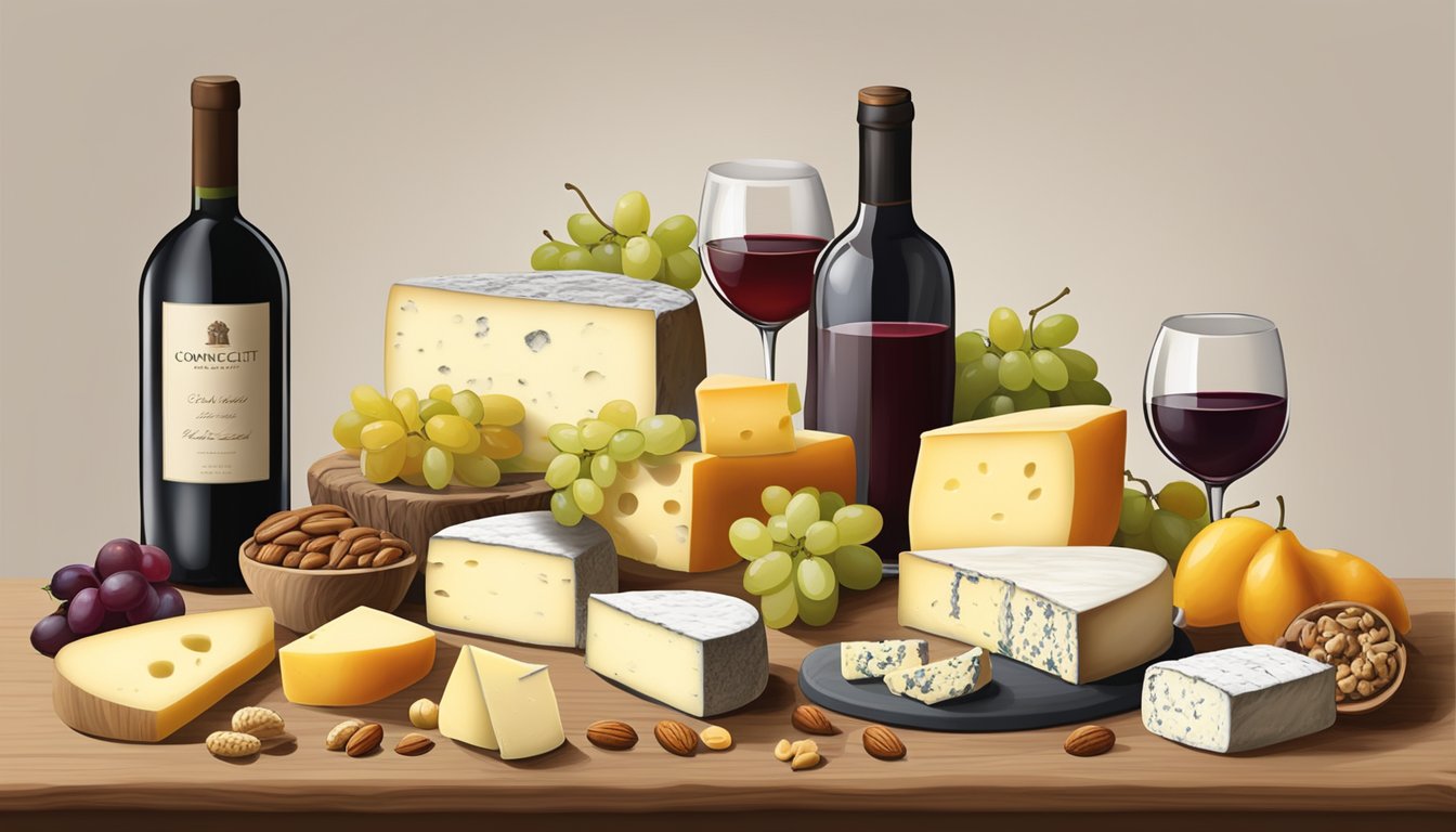 A rustic wooden table displays a variety of artisan cheeses from Connecticut, accompanied by fresh fruits, nuts, and a selection of wine