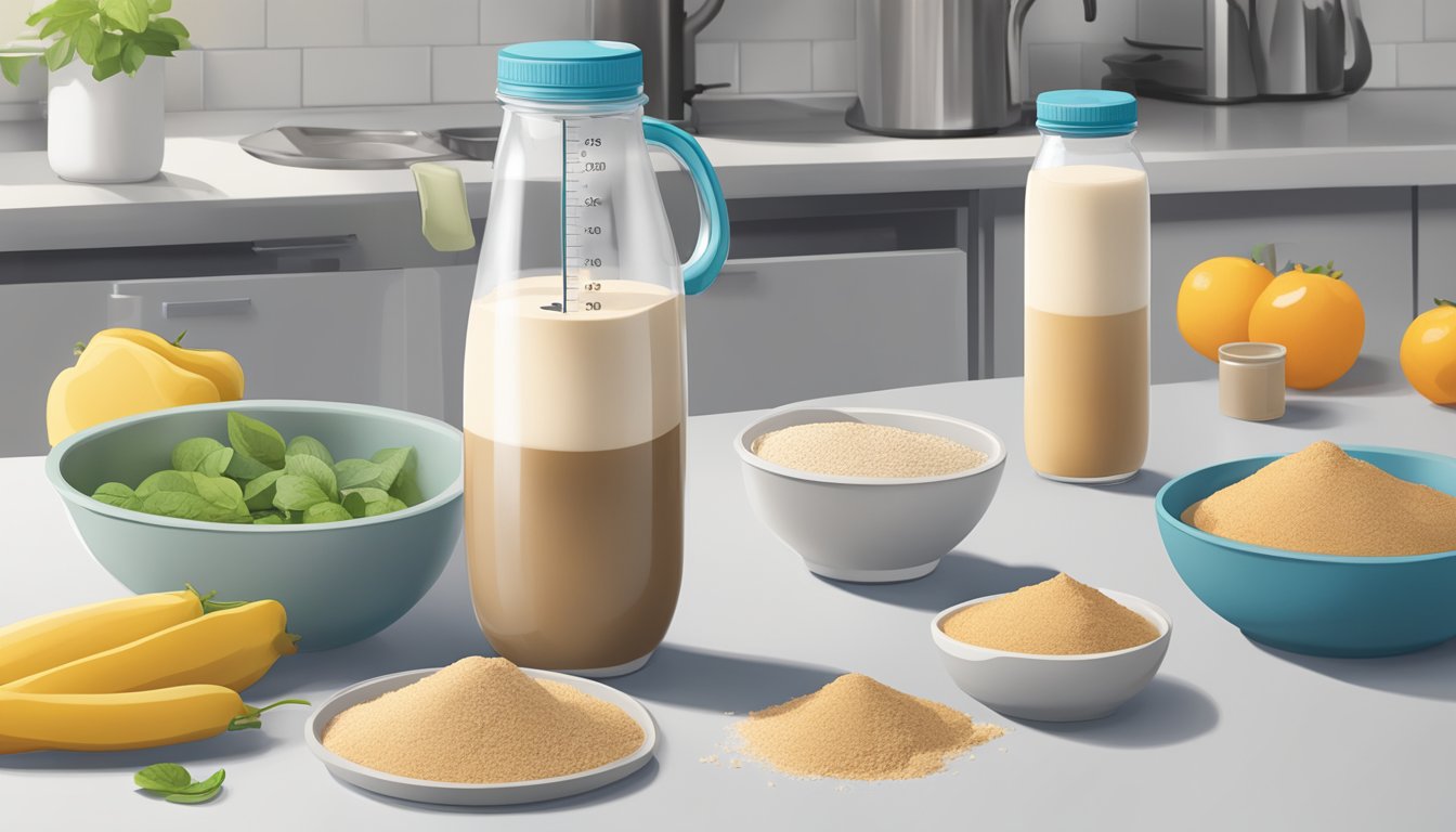 A kitchen counter with multiple empty and partially consumed Kachava meal replacement shake bottles scattered around, along with a measuring cup and a nutrition guide