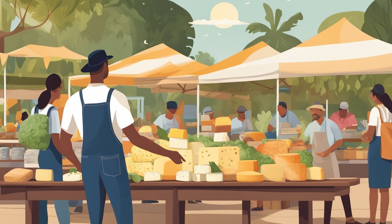 A farmer proudly presents a variety of artisan cheeses on a wooden table at a bustling farmers market in Florida. Customers sample and purchase the locally made cheeses, while the sun shines brightly overhead