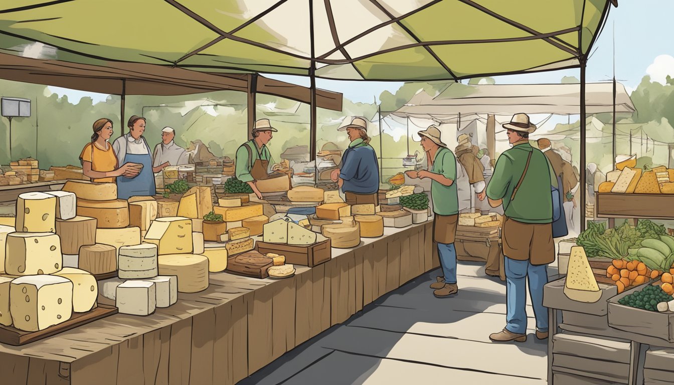 A rustic farmer's market stall displays an array of Massachusetts artisan cheeses, with eager customers sampling and purchasing the locally made products