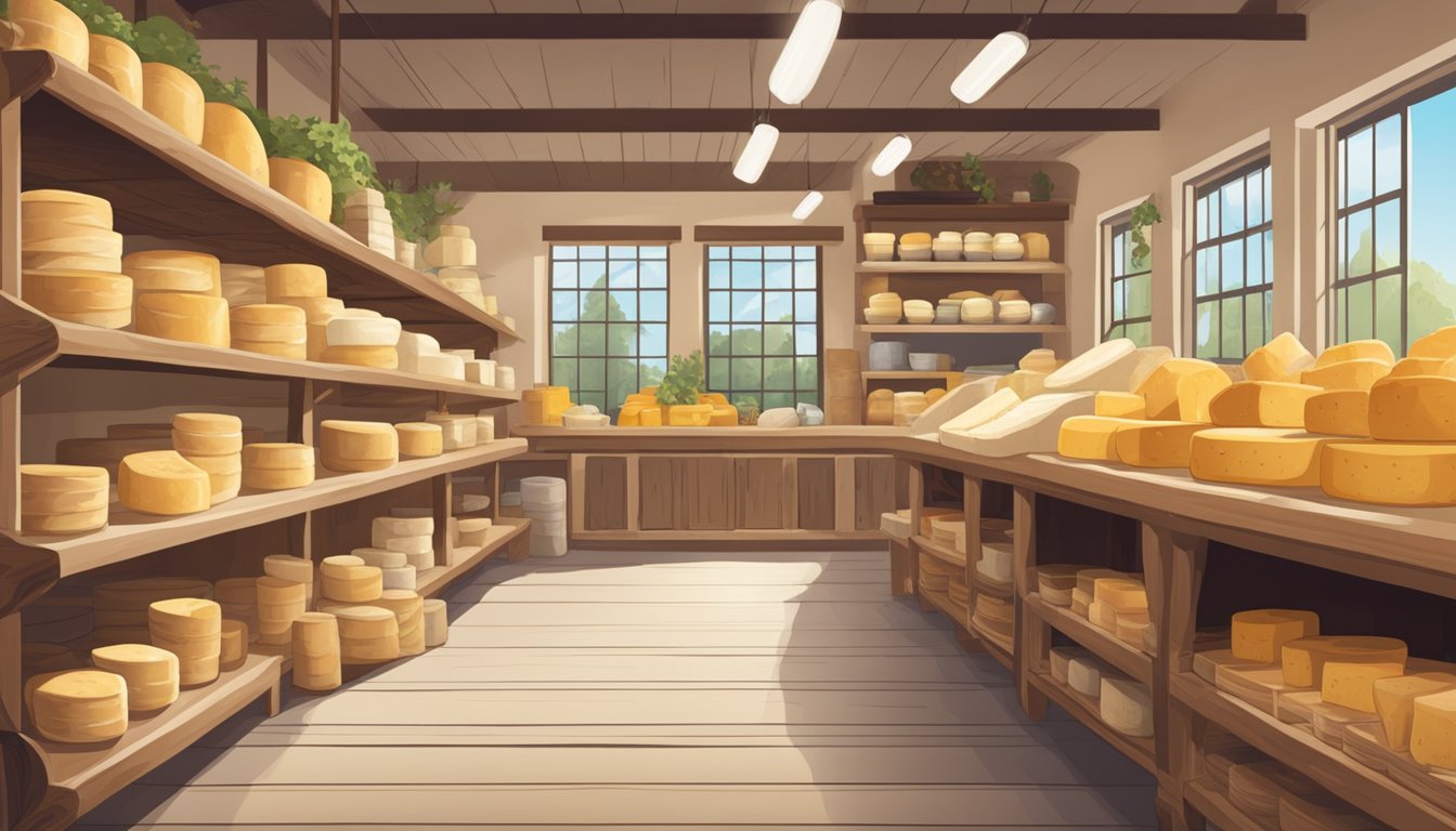 A rustic cheese shop in Florida, with shelves of artisan cheeses and a sign advertising future opportunities and challenges