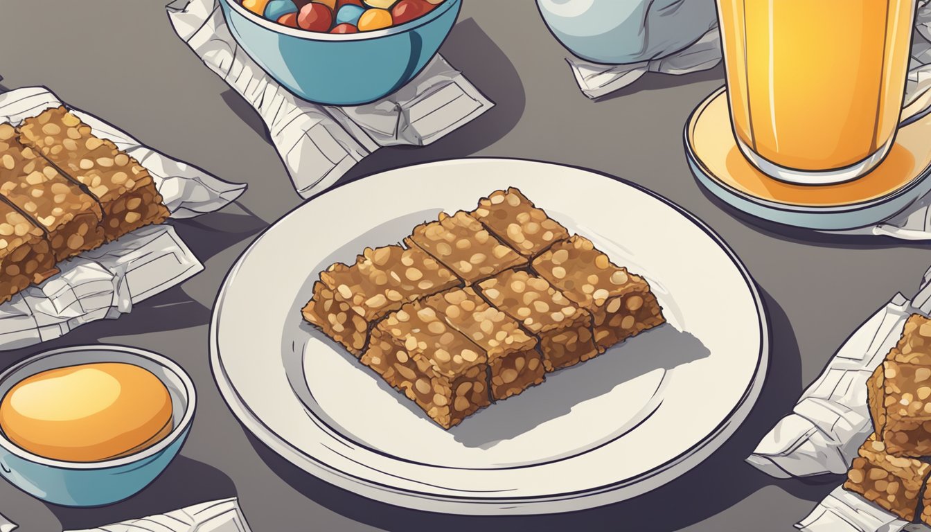 A plate piled high with over easy breakfast bars, surrounded by empty wrappers