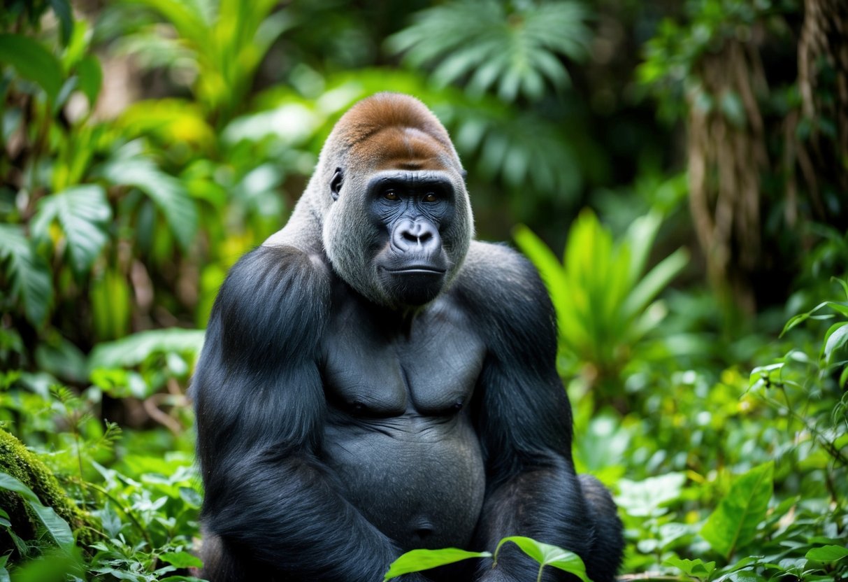 A gorilla sits peacefully in a lush jungle, surrounded by vibrant flora and fauna. Its wise eyes reflect the interconnectedness of nature, embodying the spiritual significance of the gorilla as a symbol of conservation efforts
