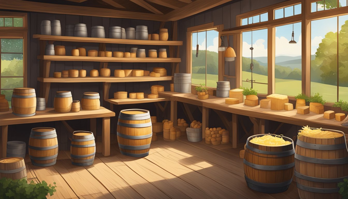 A rustic cheese-making workshop with wooden barrels, aging racks, and artisan tools in a Connecticut countryside setting