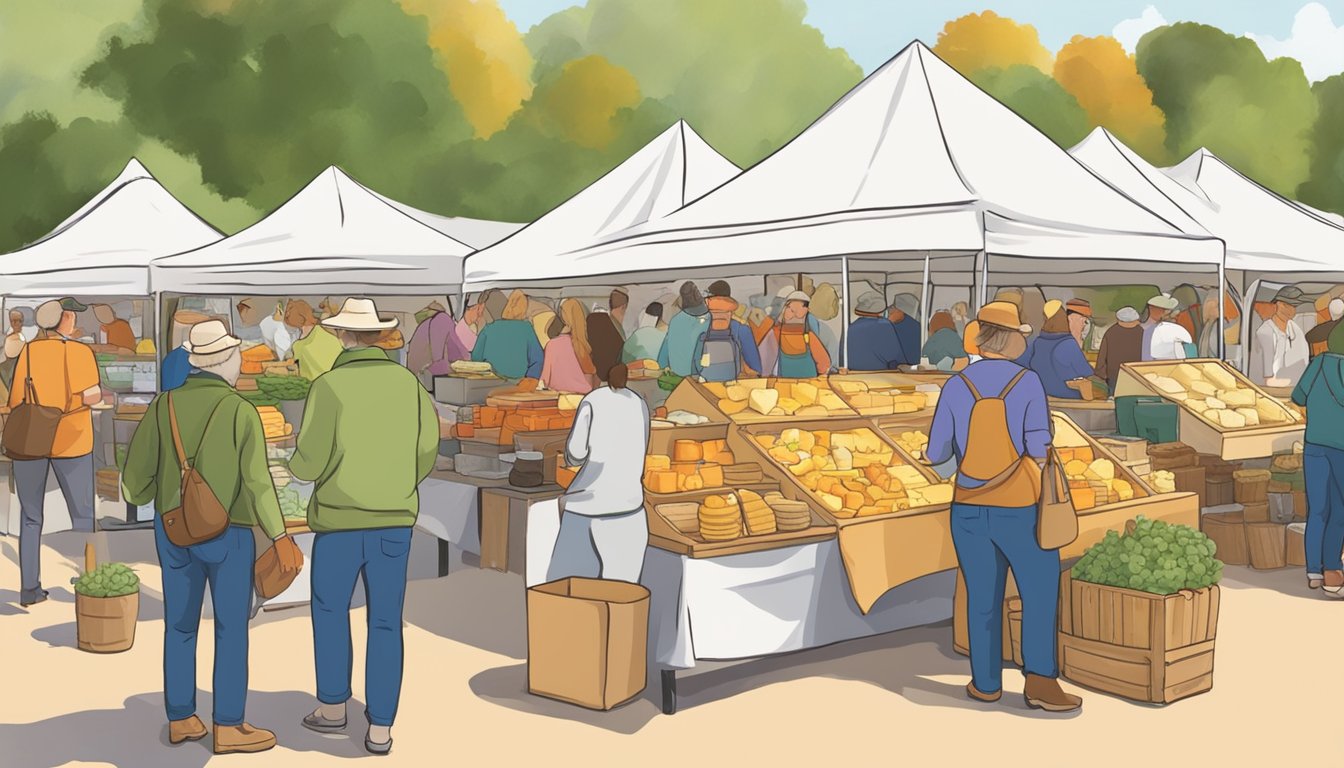 A bustling farmers market with colorful displays of local artisan cheeses from Massachusetts. Customers sample and purchase various types of cheese from vendors