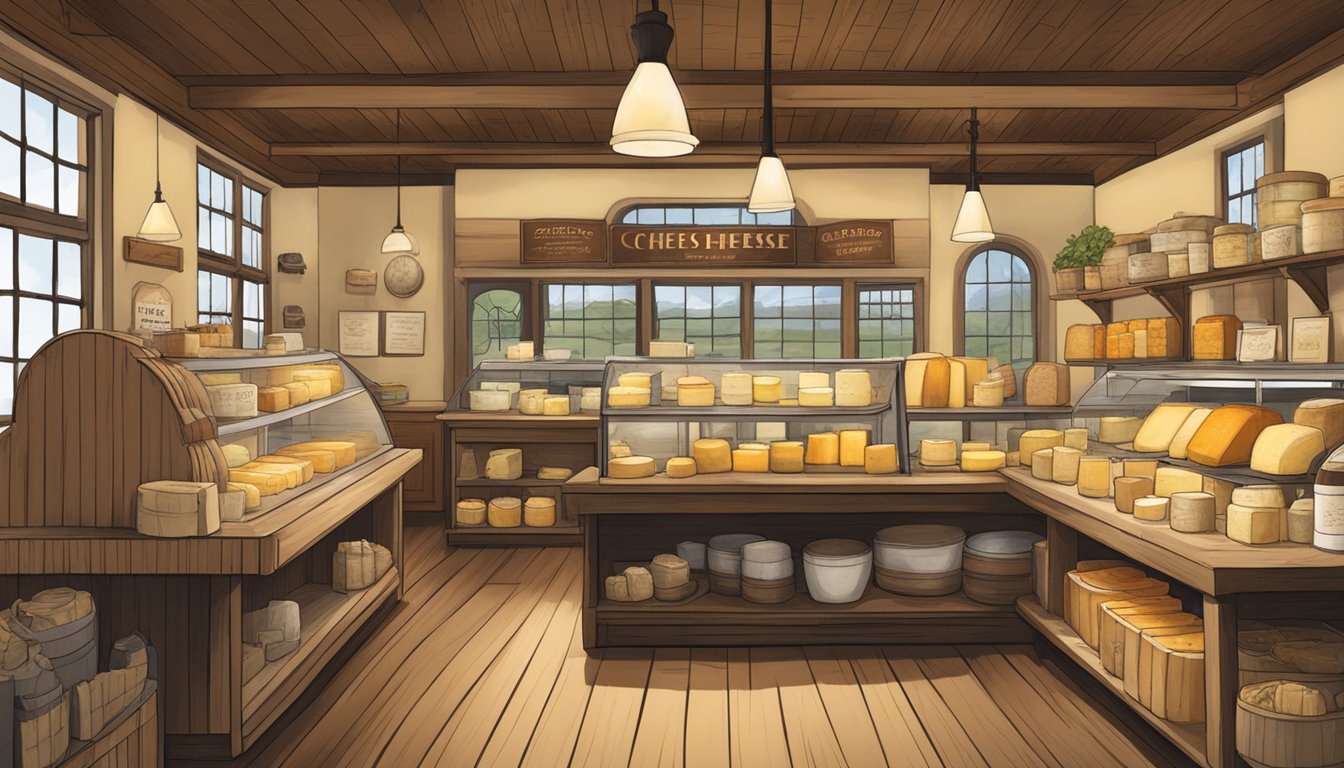 A rustic cheese shop in Connecticut showcases a variety of local artisan cheeses, with informative displays and tasting samples