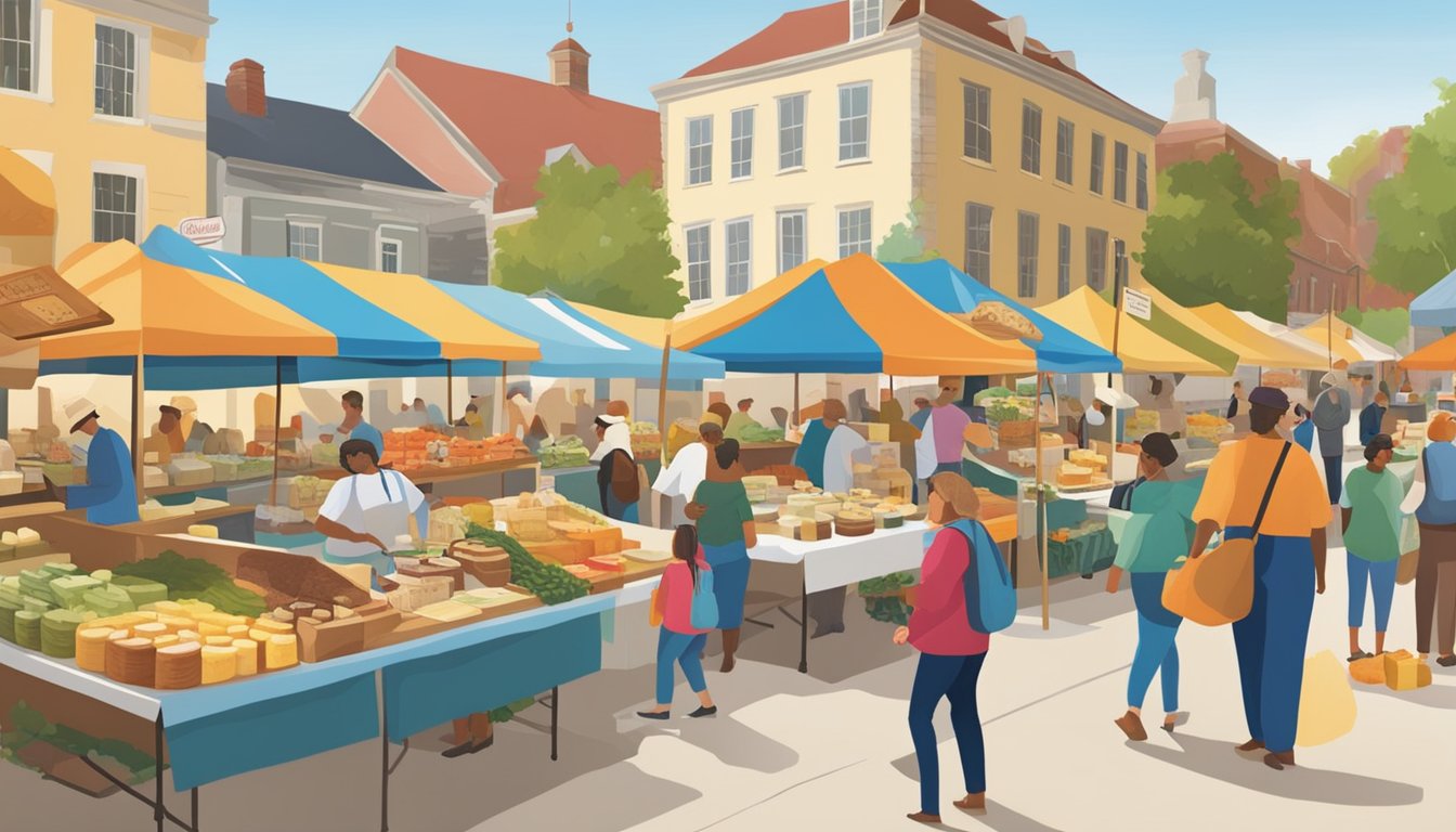 A bustling farmer's market with colorful stalls selling locally-made artisan cheeses from Massachusetts. The vendors proudly display their products, while customers sample and purchase the delicious cheeses