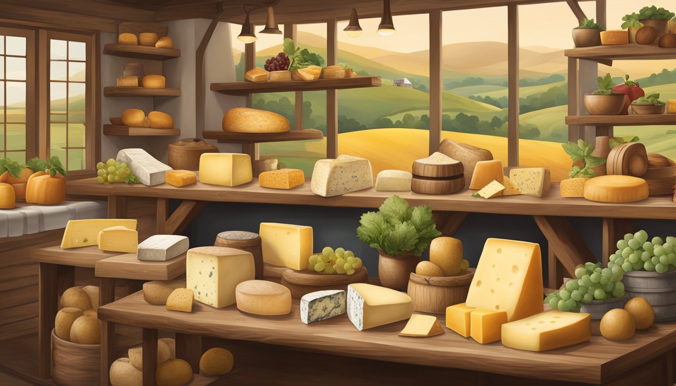 A rustic farm setting with rolling hills, a quaint cheese shop, and a display of various artisan cheeses