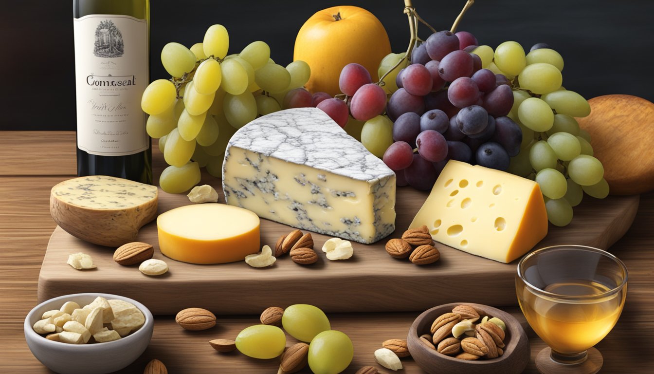 A rustic wooden board adorned with a variety of Connecticut artisan cheeses, accompanied by fresh fruits, nuts, and a bottle of local wine