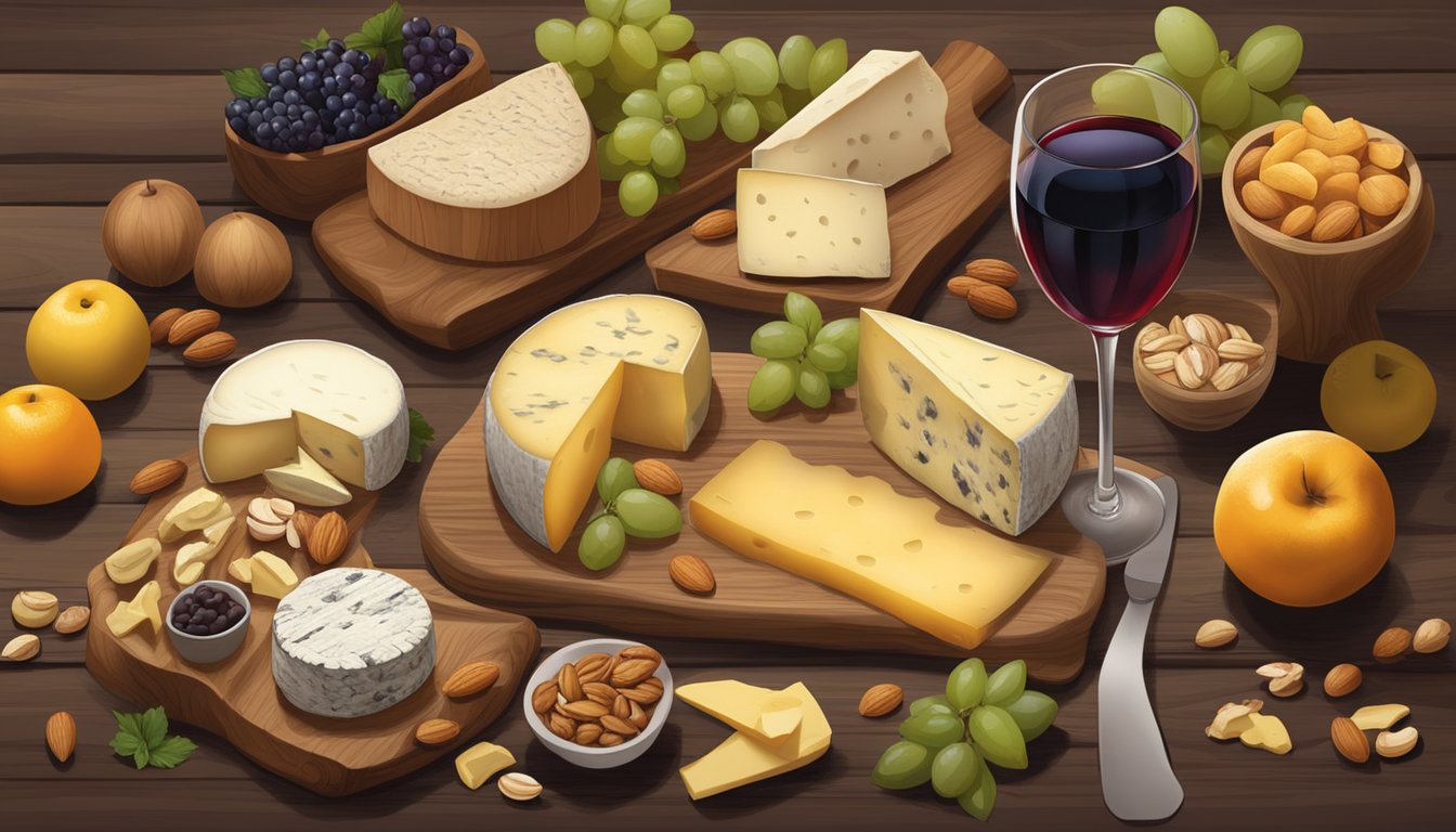 A rustic wooden table adorned with a variety of locally made artisan cheeses, accompanied by fresh fruits, nuts, and a bottle of wine