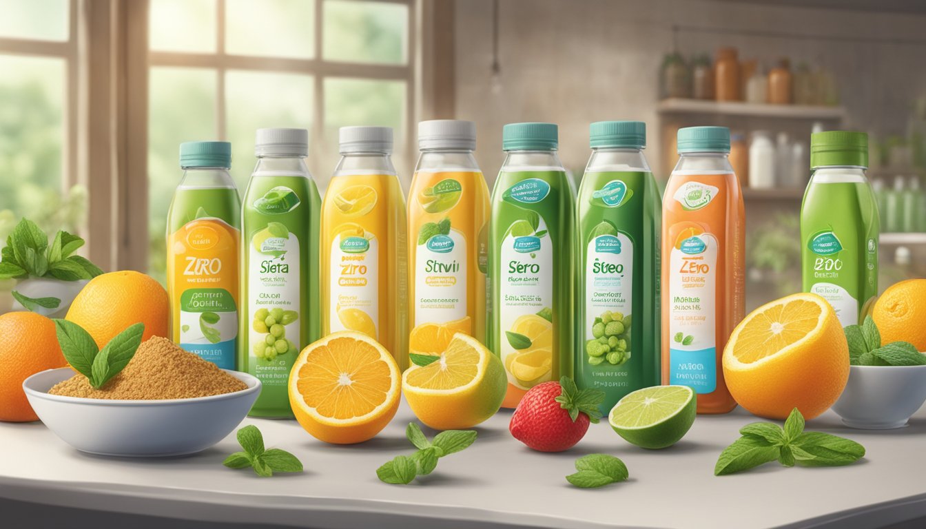 A table with multiple bottles of Pure Zero lined up, surrounded by various ingredients such as stevia, citric acid, and natural flavors