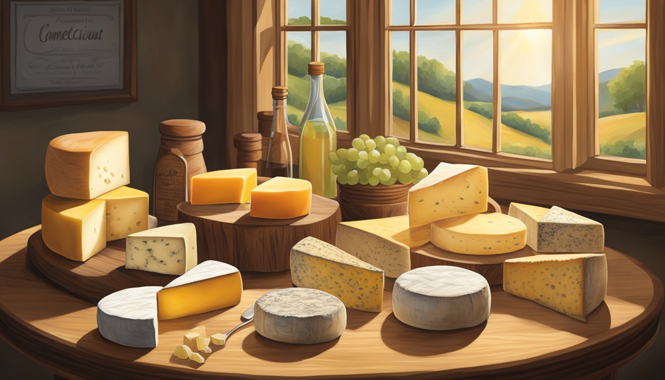 A rustic wooden table displays a variety of gourmet cheeses, with a sign highlighting Connecticut's local artisan cheese. Sunlight streams through a nearby window, casting a warm glow on the scene