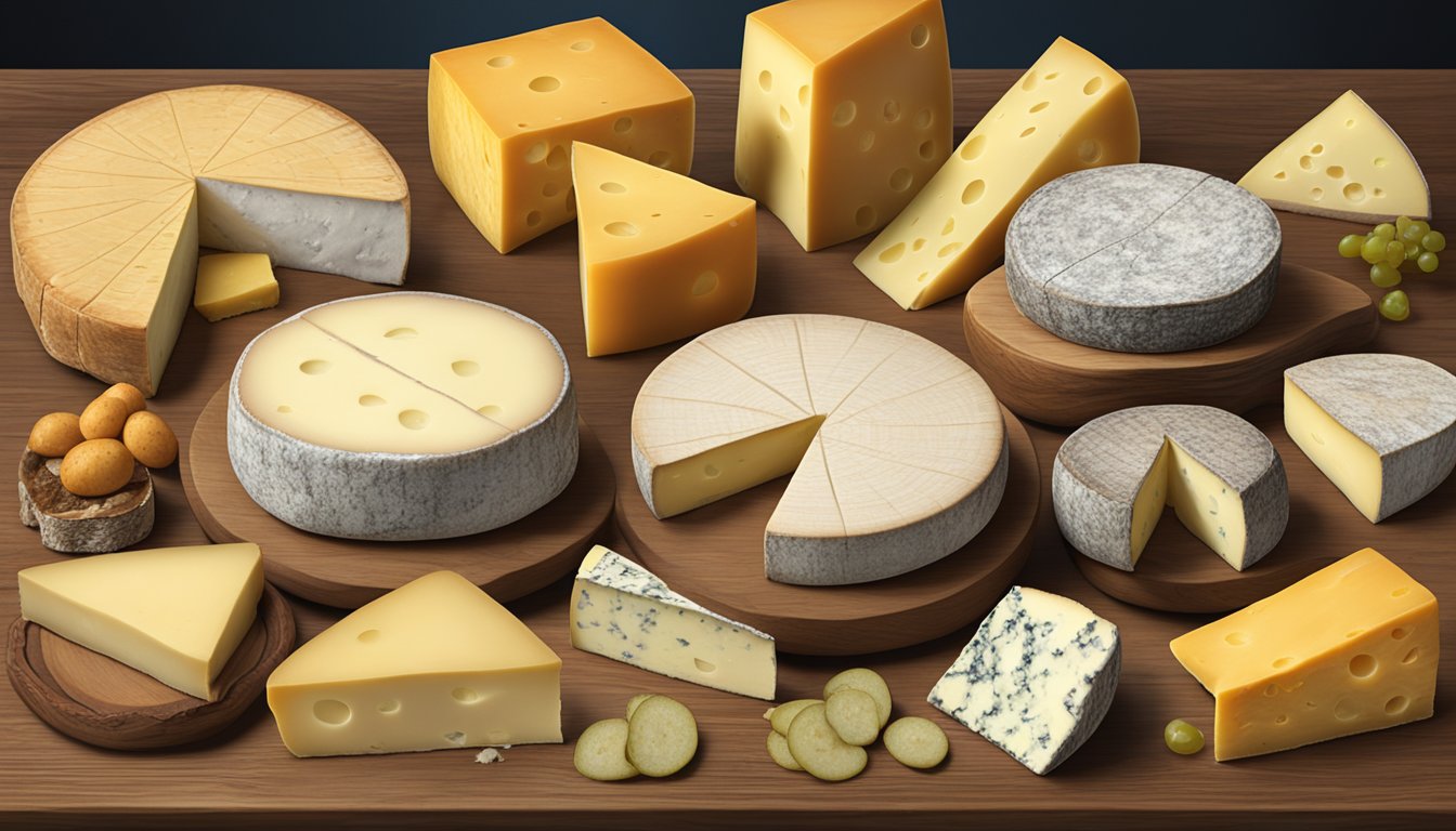 A rustic wooden table displays an assortment of Michigan artisan cheeses, each with its own unique shape, texture, and color