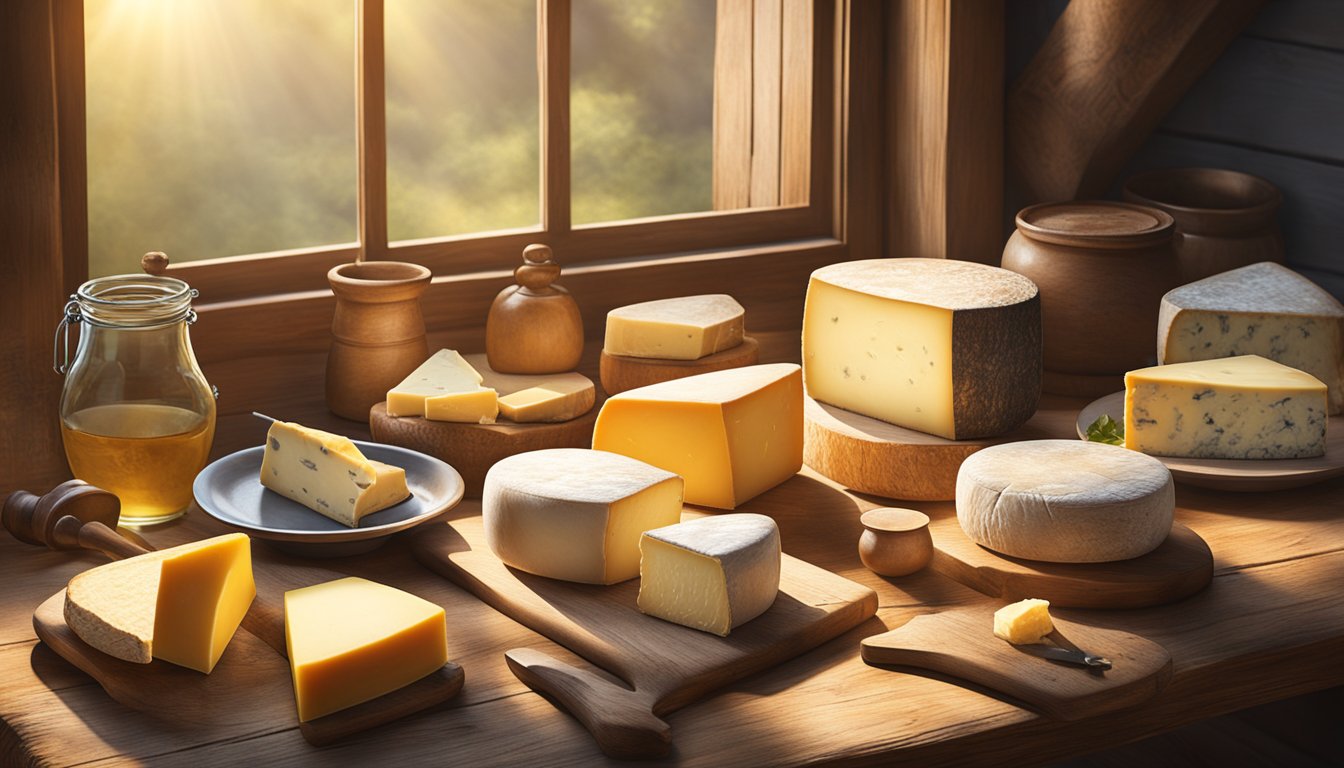 A rustic wooden table displays a variety of Mississippi artisan cheeses alongside vintage cheese-making tools and historical photographs. Sunlight streams through a nearby window, casting a warm glow on the scene