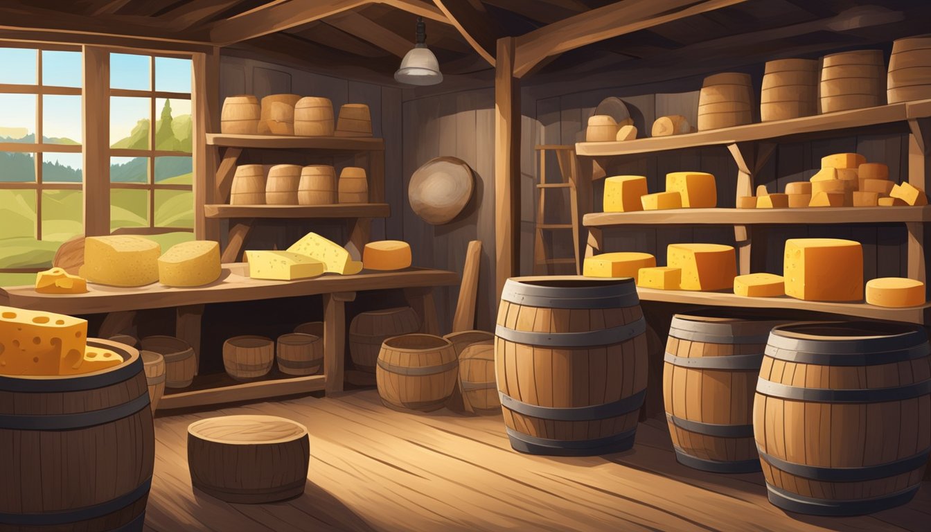 A rustic barn with wooden barrels, vats, and shelves filled with aging cheese wheels. A cheesemaker carefully tends to the process, surrounded by the tools of their trade