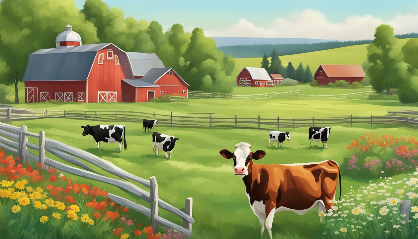 A rustic dairy farm with rolling green pastures, a red barn, and grazing cows, surrounded by fields of blooming wildflowers