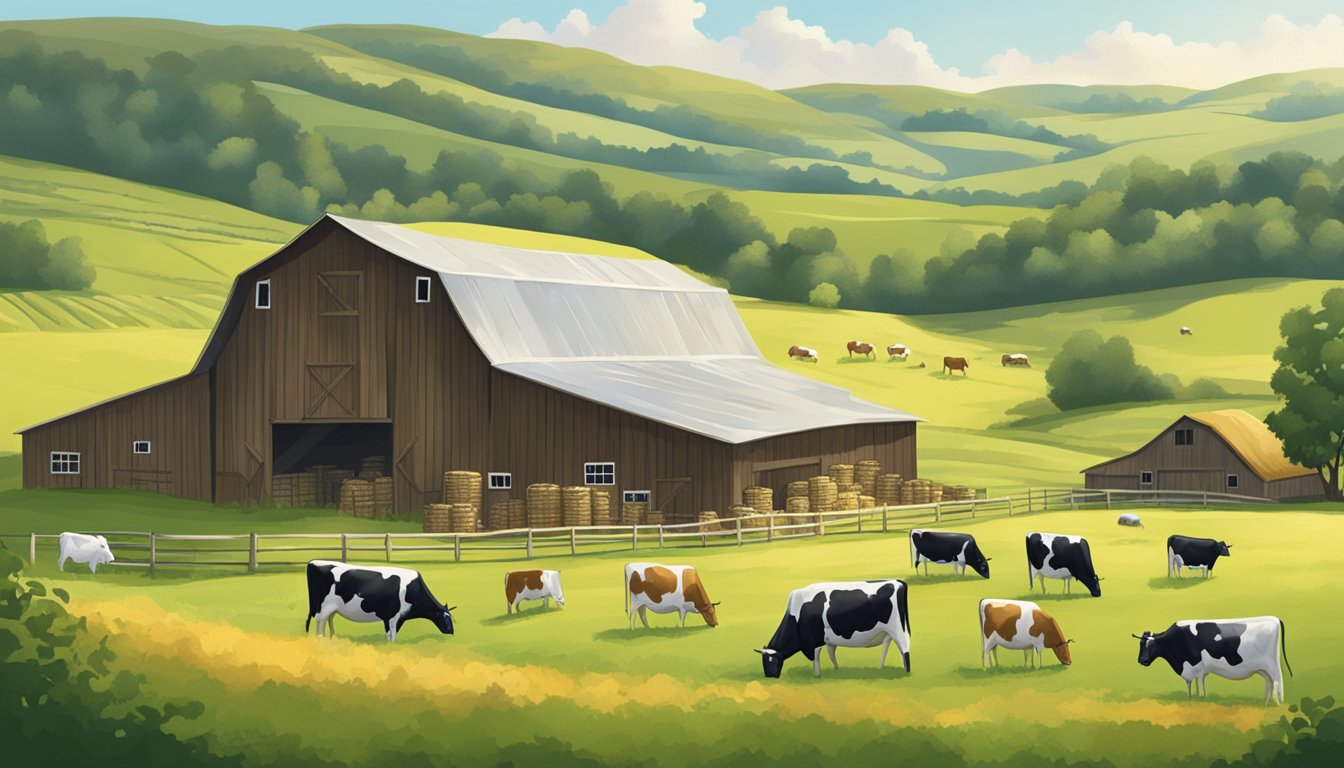 A rustic barn with shelves of aging cheese wheels, surrounded by rolling green hills and grazing dairy cows