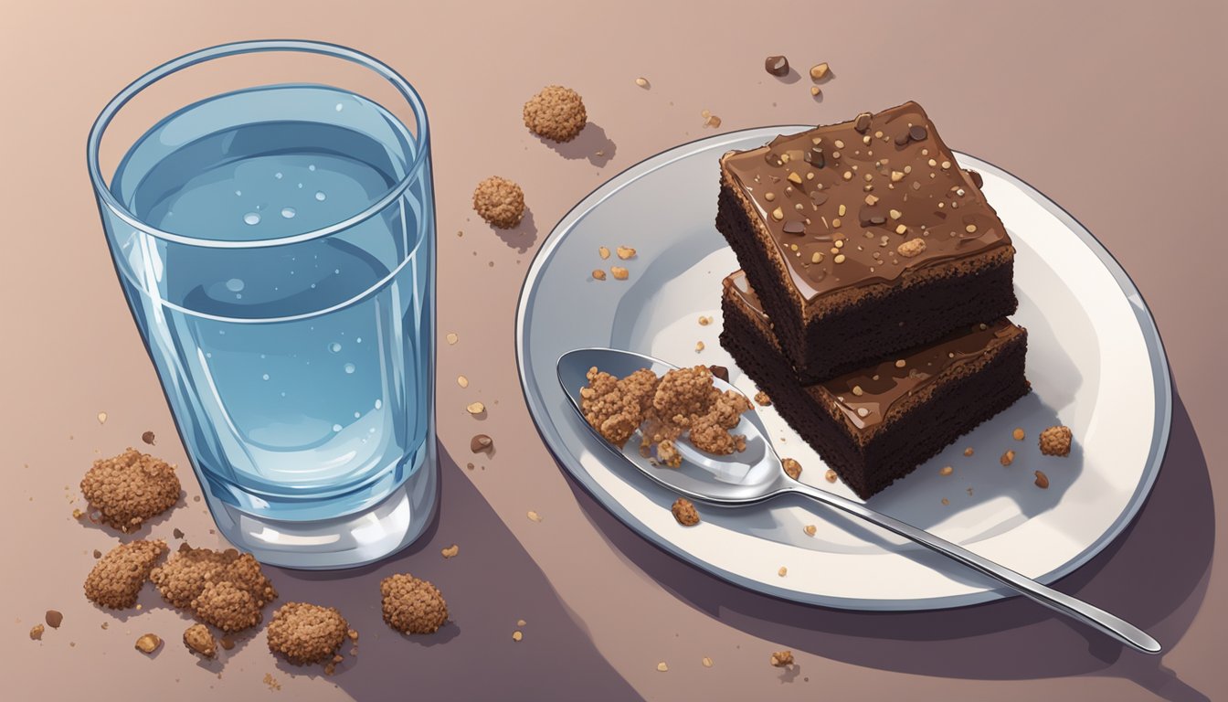 A plate with multiple Fiber One brownies, scattered crumbs, and a glass of water on a table