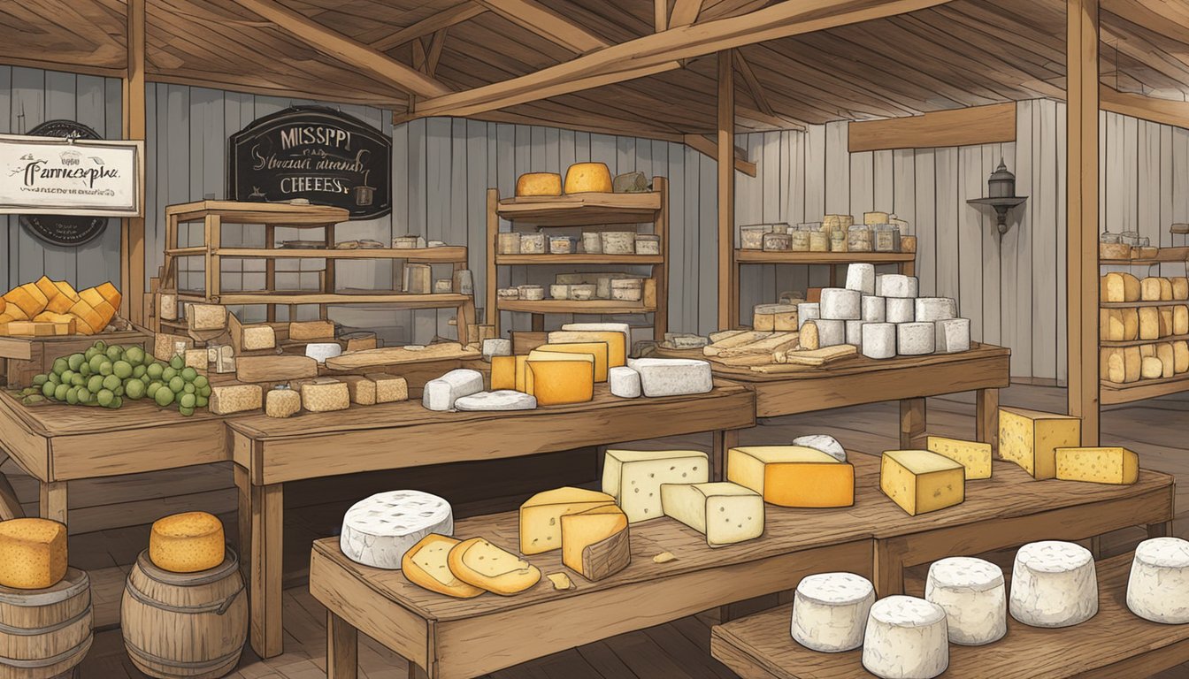 A rustic farmers market stall displays a variety of Mississippi local artisan cheeses, with samples available for tasting