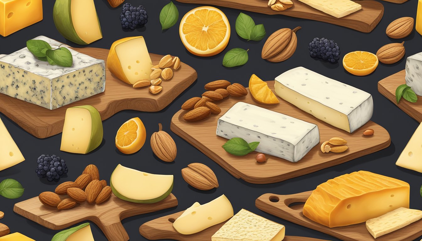 A rustic wooden board displays a variety of Mississippi artisan cheeses, accompanied by fresh fruits, nuts, and honeycomb