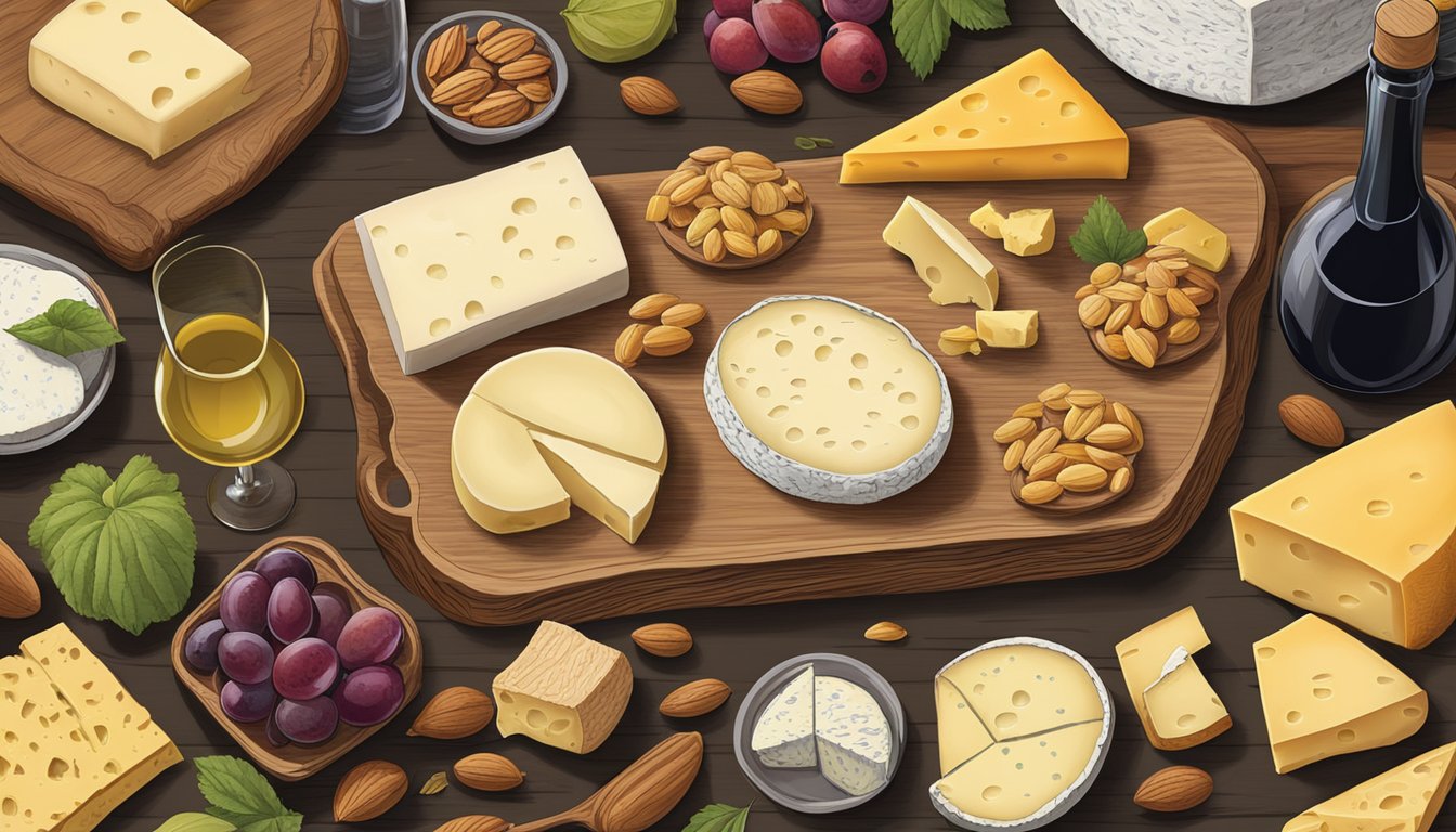 A rustic wooden table displays a variety of artisan cheeses from local Minnesota producers, accompanied by fresh fruits, nuts, and a bottle of wine