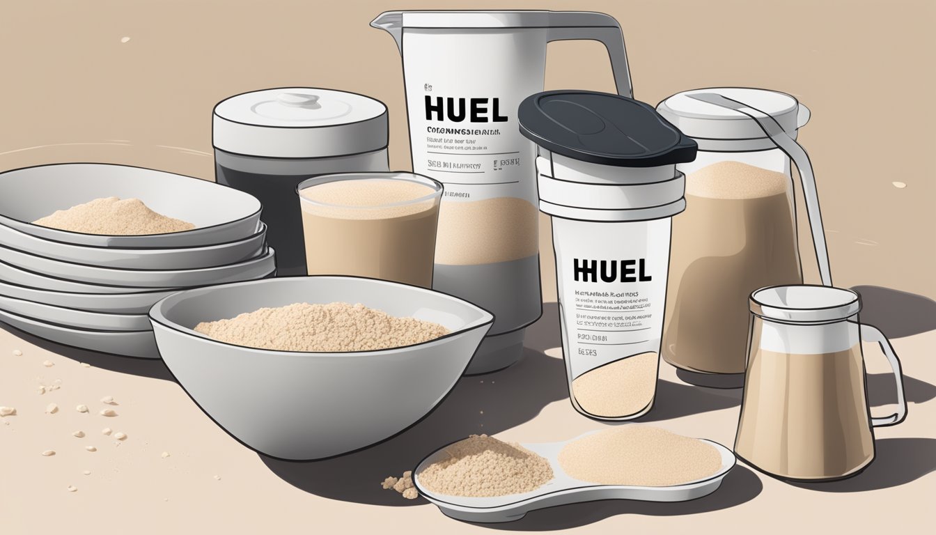 A table with multiple servings of Huel stacked in a pyramid, with a measuring cup overflowing with Huel powder next to it