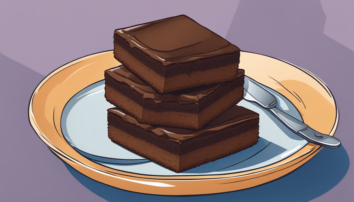 A pile of Fiber One brownies stacked on a plate, with a question mark hovering above them