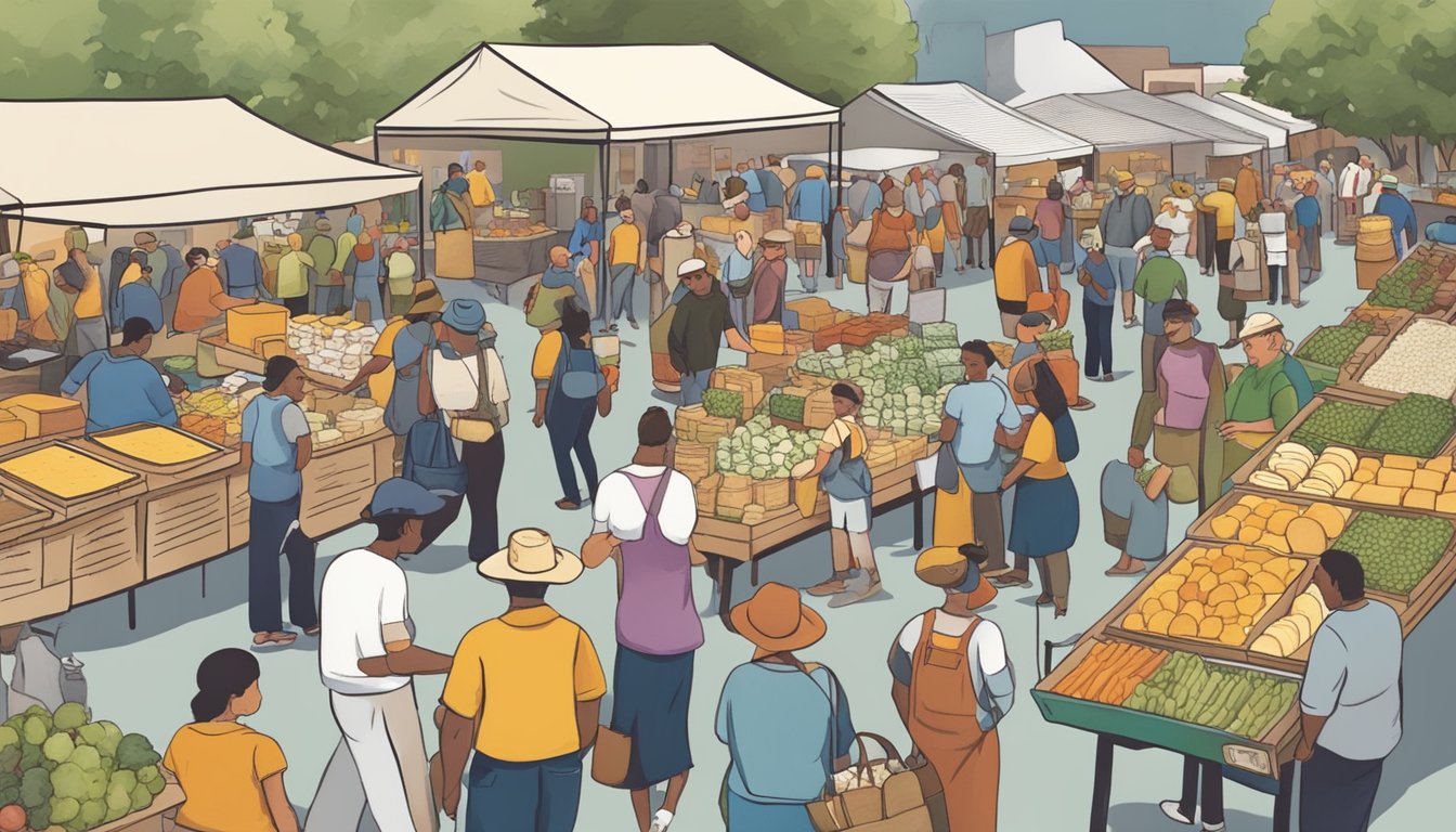 A bustling farmers' market with vendors selling a variety of Michigan artisan cheeses, surrounded by eager customers sampling and purchasing the local dairy products